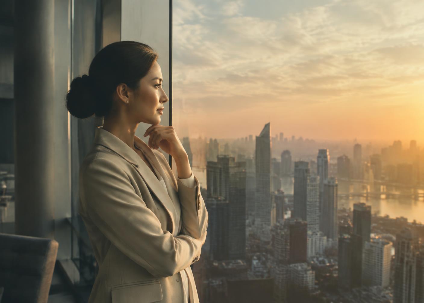 Analyst looking over a city at sunrise