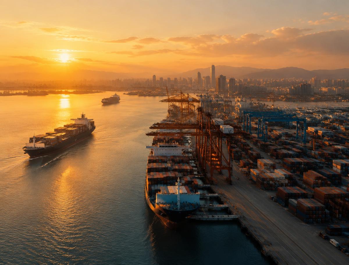 Container port at sunset