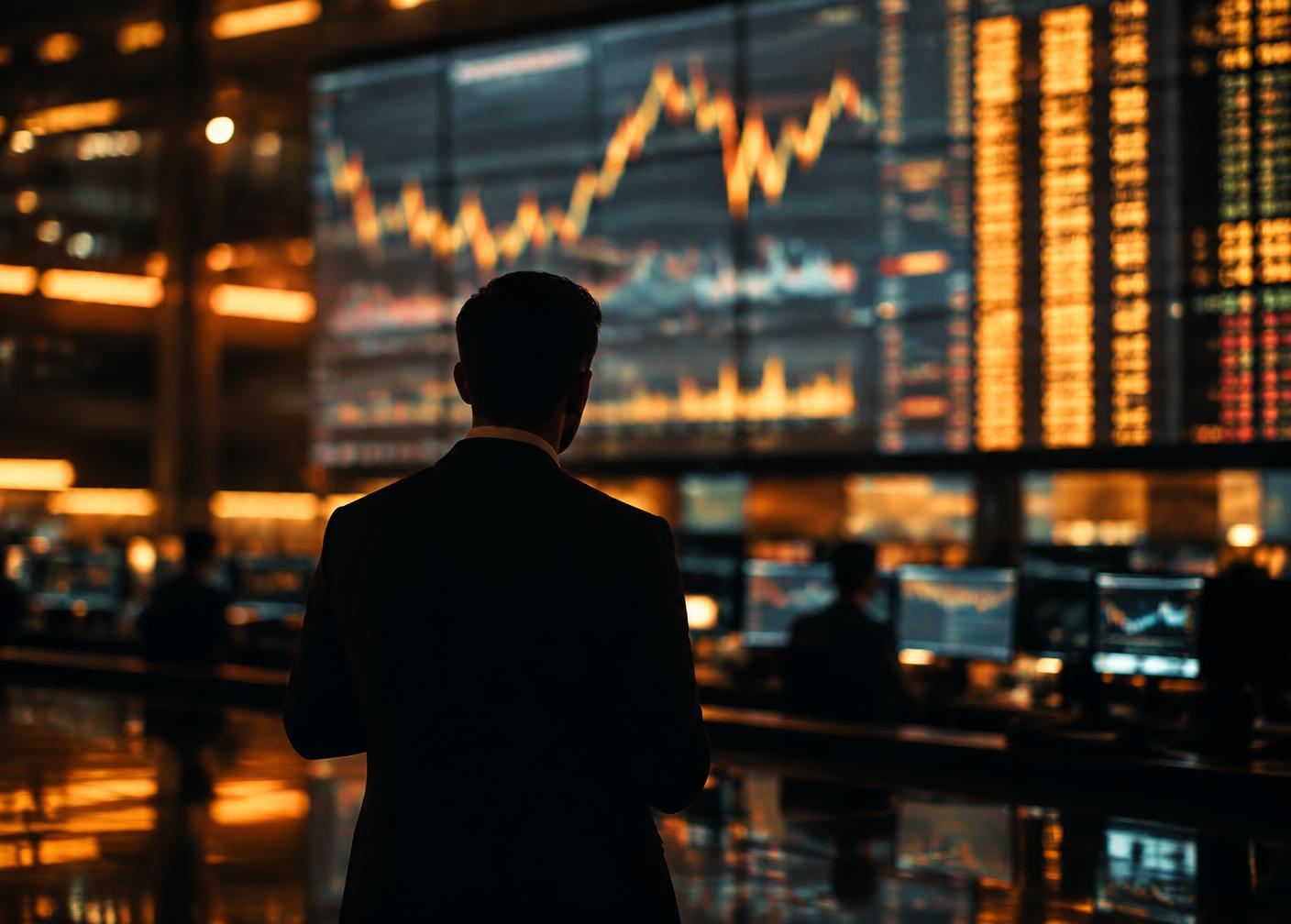 Trading floor in front of market screens